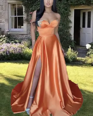 A-Line Long Orange Satin Sweetheart Split Gown Prom Dresses with Sweep Train