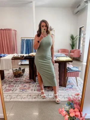 Acid Washed Ribbed Midi Dress - Sage