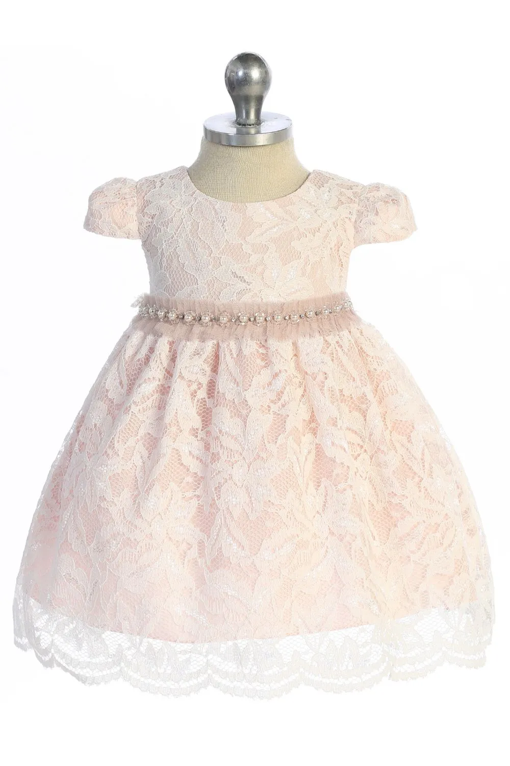 All Lace Baby Dress with V Back & Bow and Mesh Pearl Trim