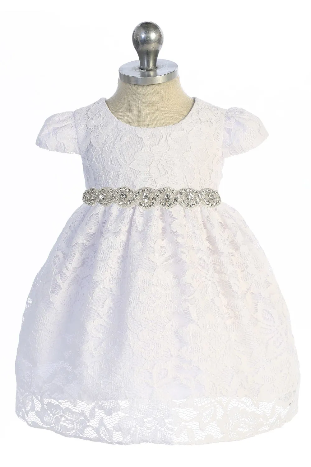 All Lace Baby Dress with V Back & Bow and Rhinestone Trim