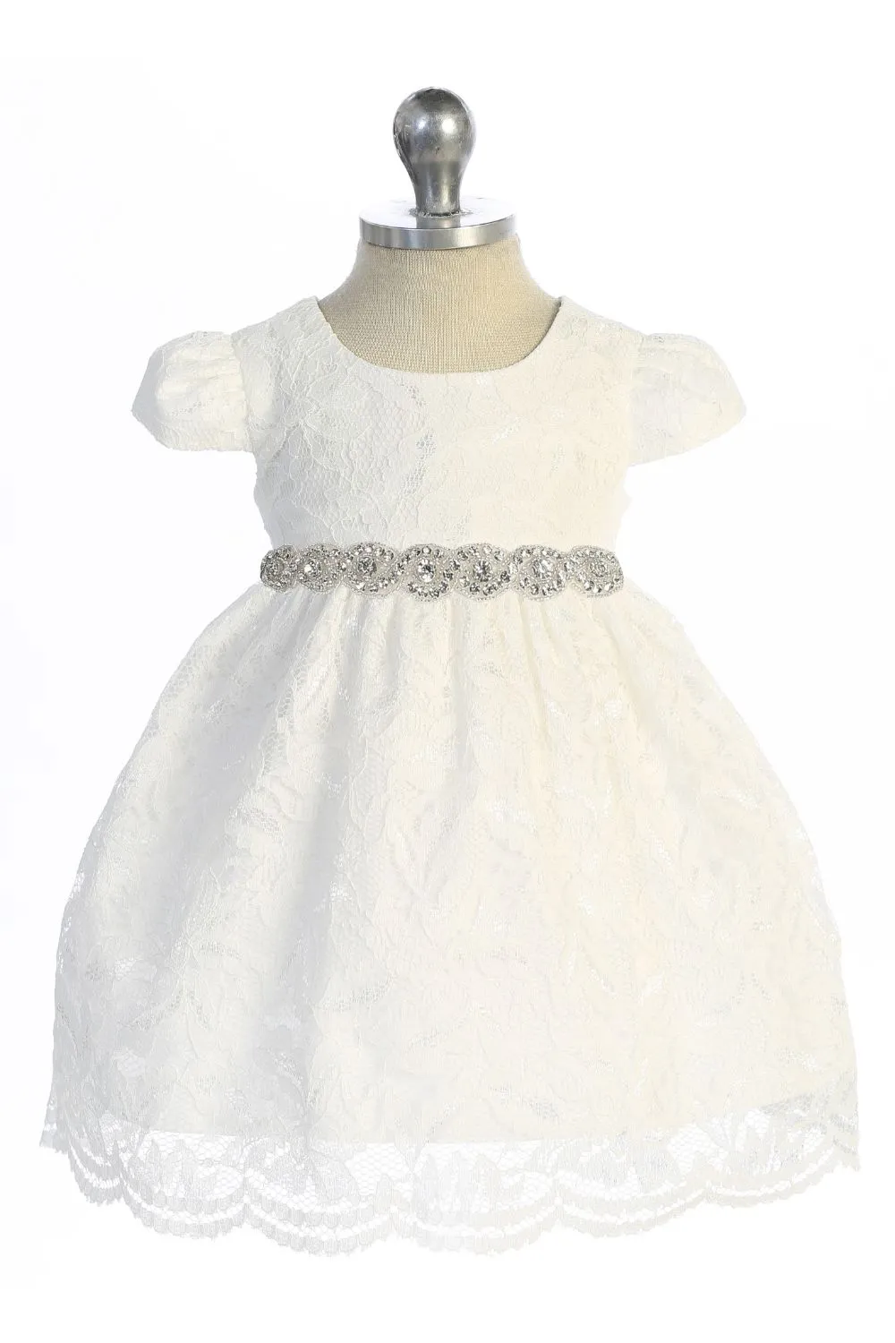 All Lace Baby Dress with V Back & Bow and Rhinestone Trim