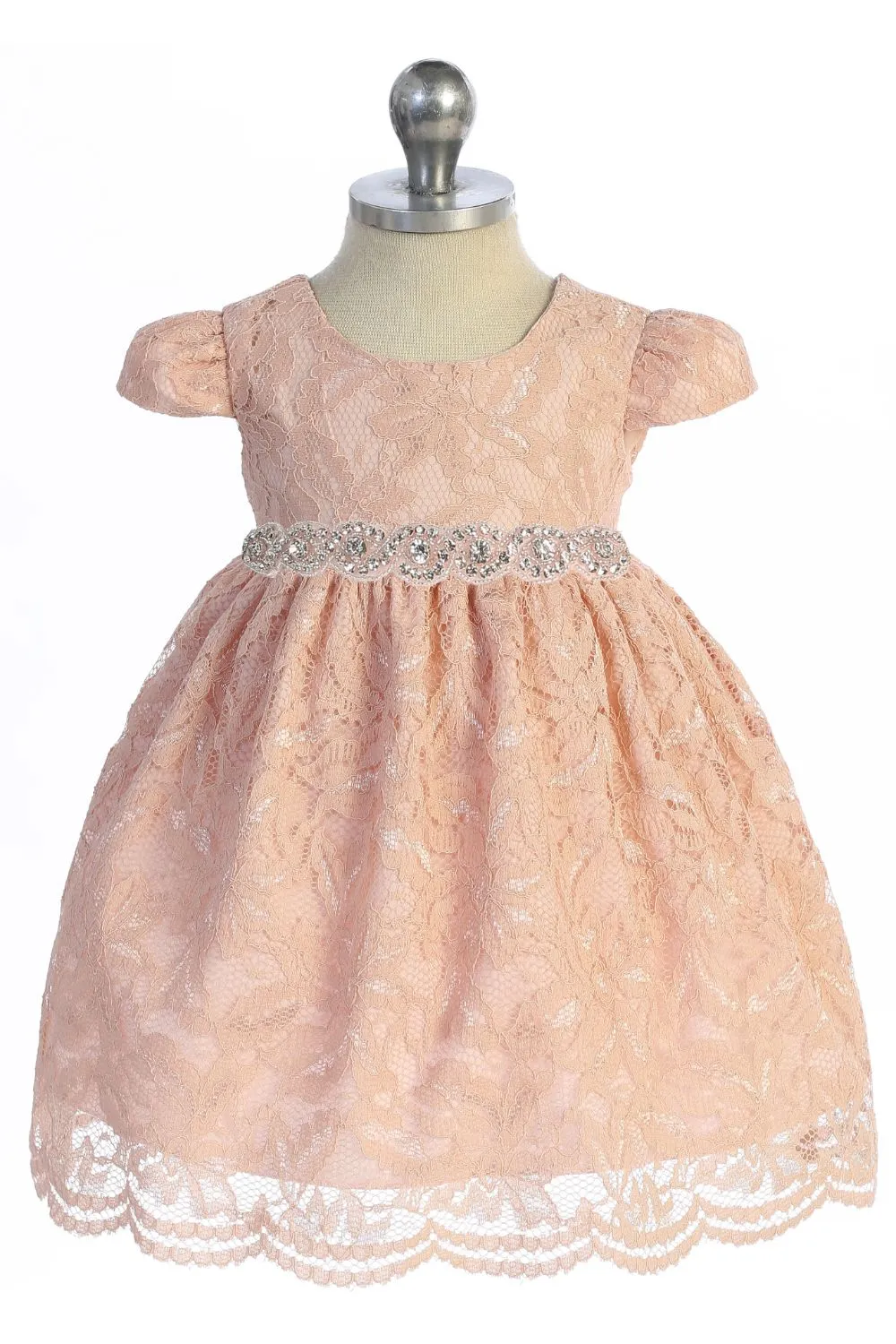 All Lace Baby Dress with V Back & Bow and Rhinestone Trim