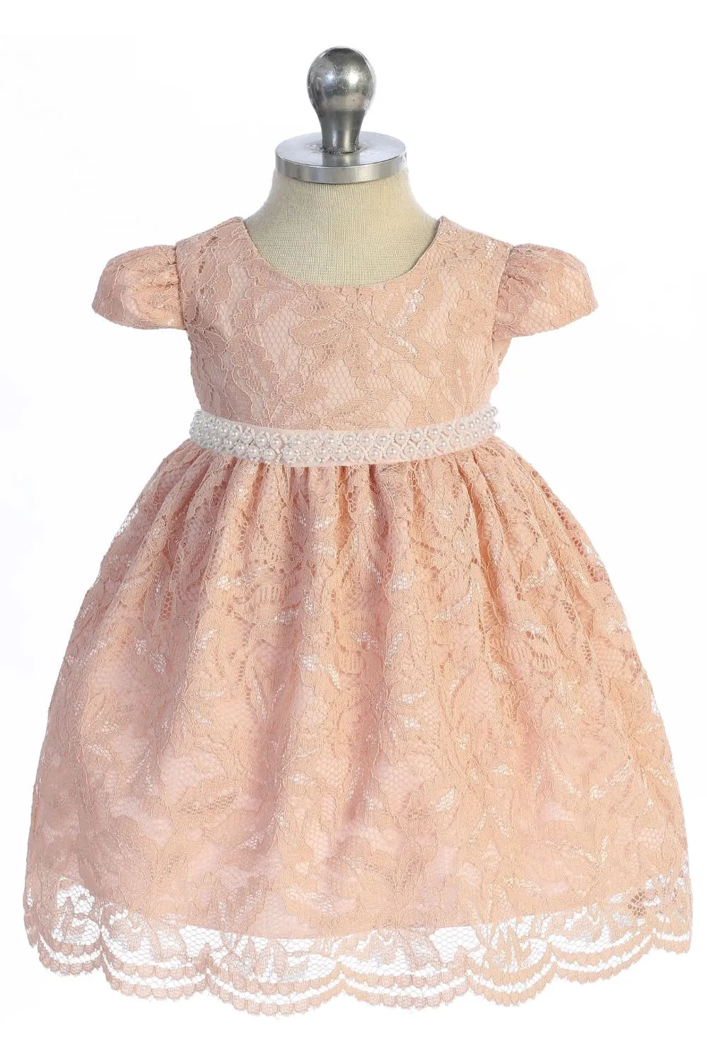 All Lace Baby Dress with V Back & Bow and Thick Pearl Trim