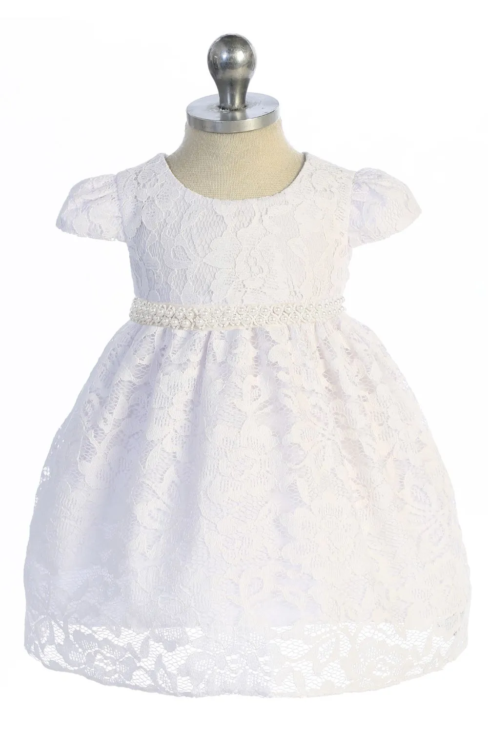 All Lace Baby Dress with V Back & Bow and Thick Pearl Trim