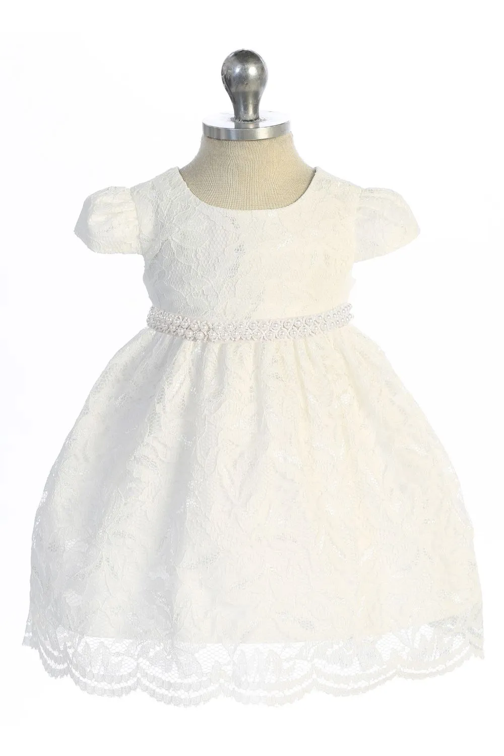 All Lace Baby Dress with V Back & Bow and Thick Pearl Trim