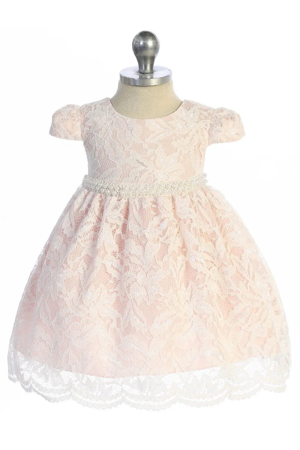 All Lace Baby Dress with V Back & Bow and Thick Pearl Trim