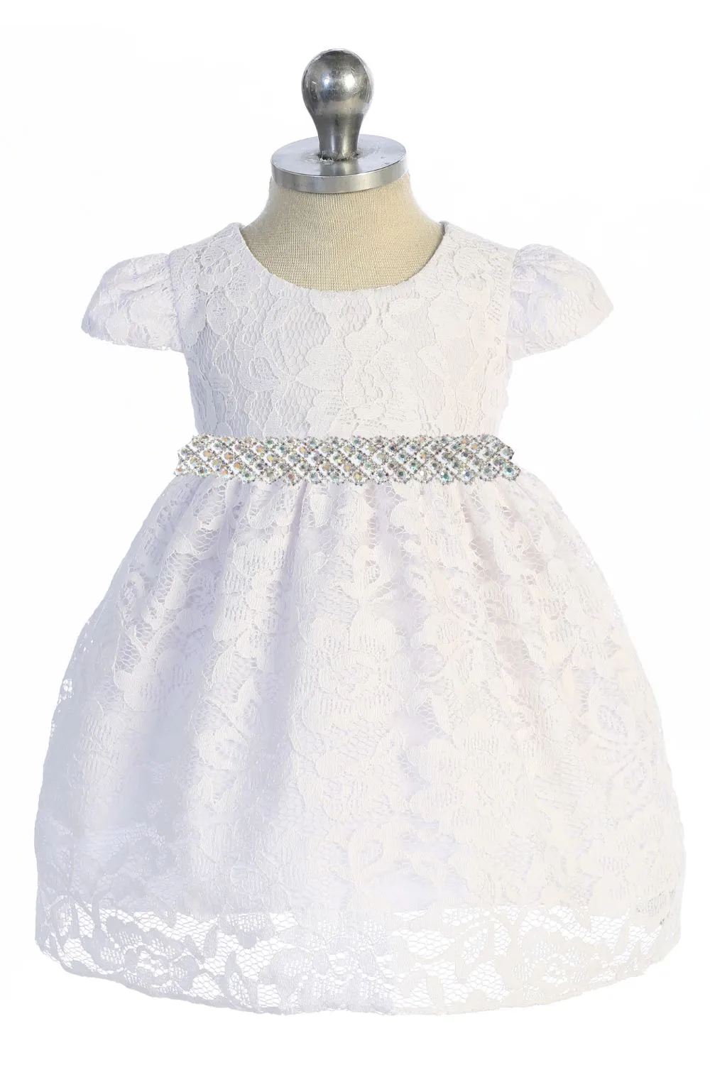 All Lace Baby Dress with V Back & Bow and Thick Rhinestone Trim