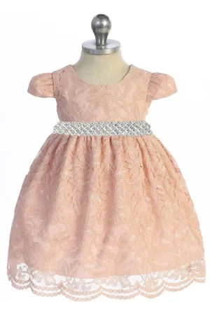 All Lace Baby Dress with V Back & Bow and Thick Rhinestone Trim