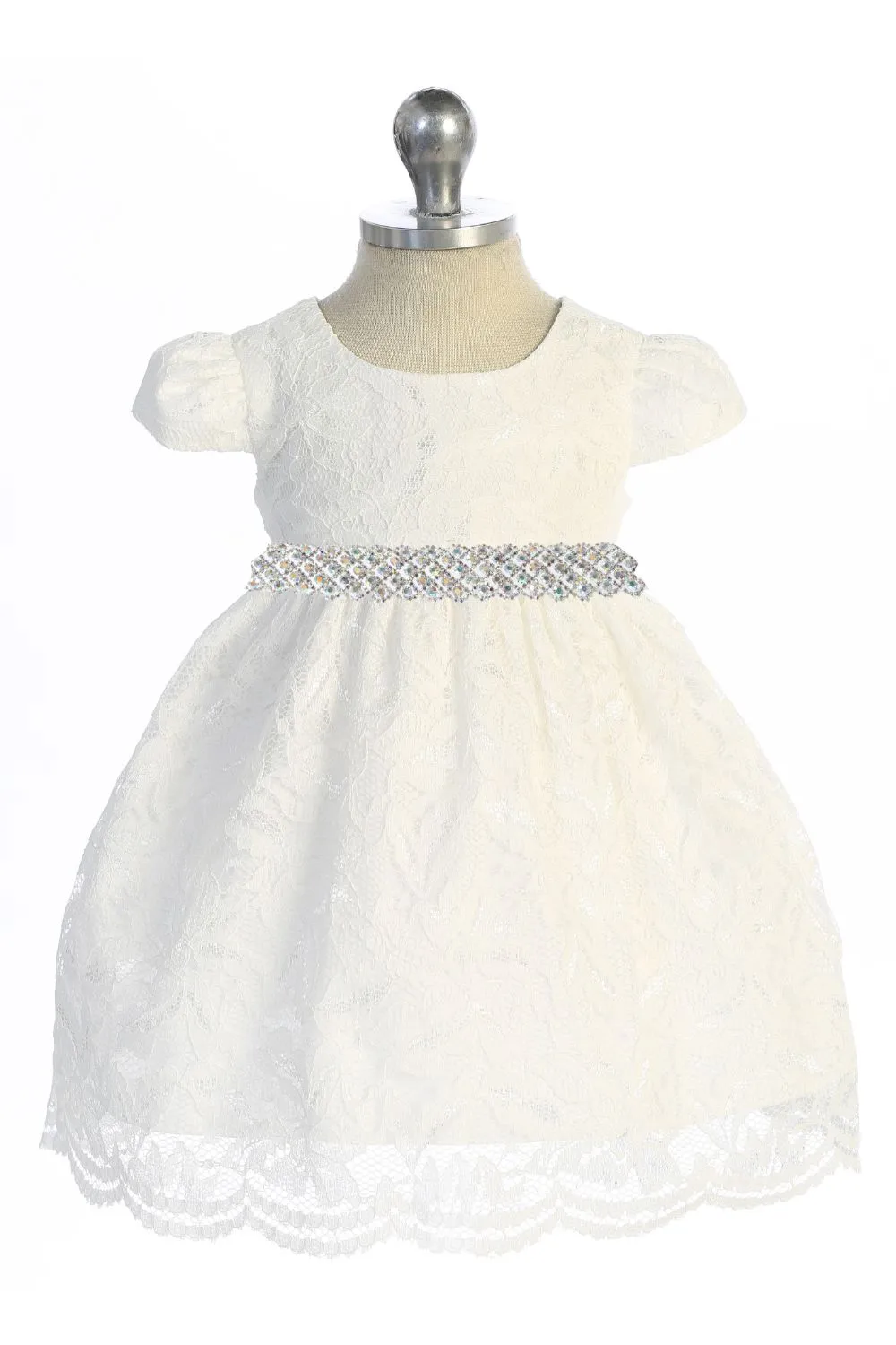 All Lace Baby Dress with V Back & Bow and Thick Rhinestone Trim