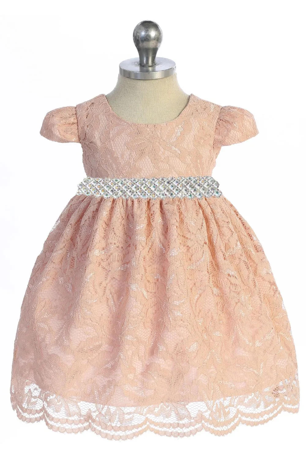 All Lace Baby Dress with V Back & Bow and Thick Rhinestone Trim
