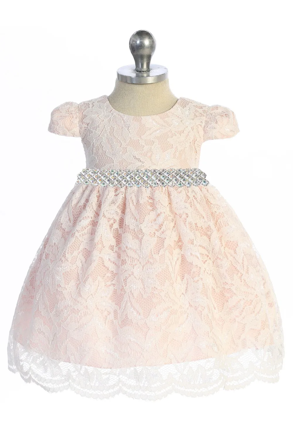 All Lace Baby Dress with V Back & Bow and Thick Rhinestone Trim