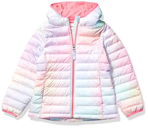 Amazon Essentials Girls' Lightweight Water-Resistant Packable Hooded Puffer Jacket, Pink, Ombre, Small
