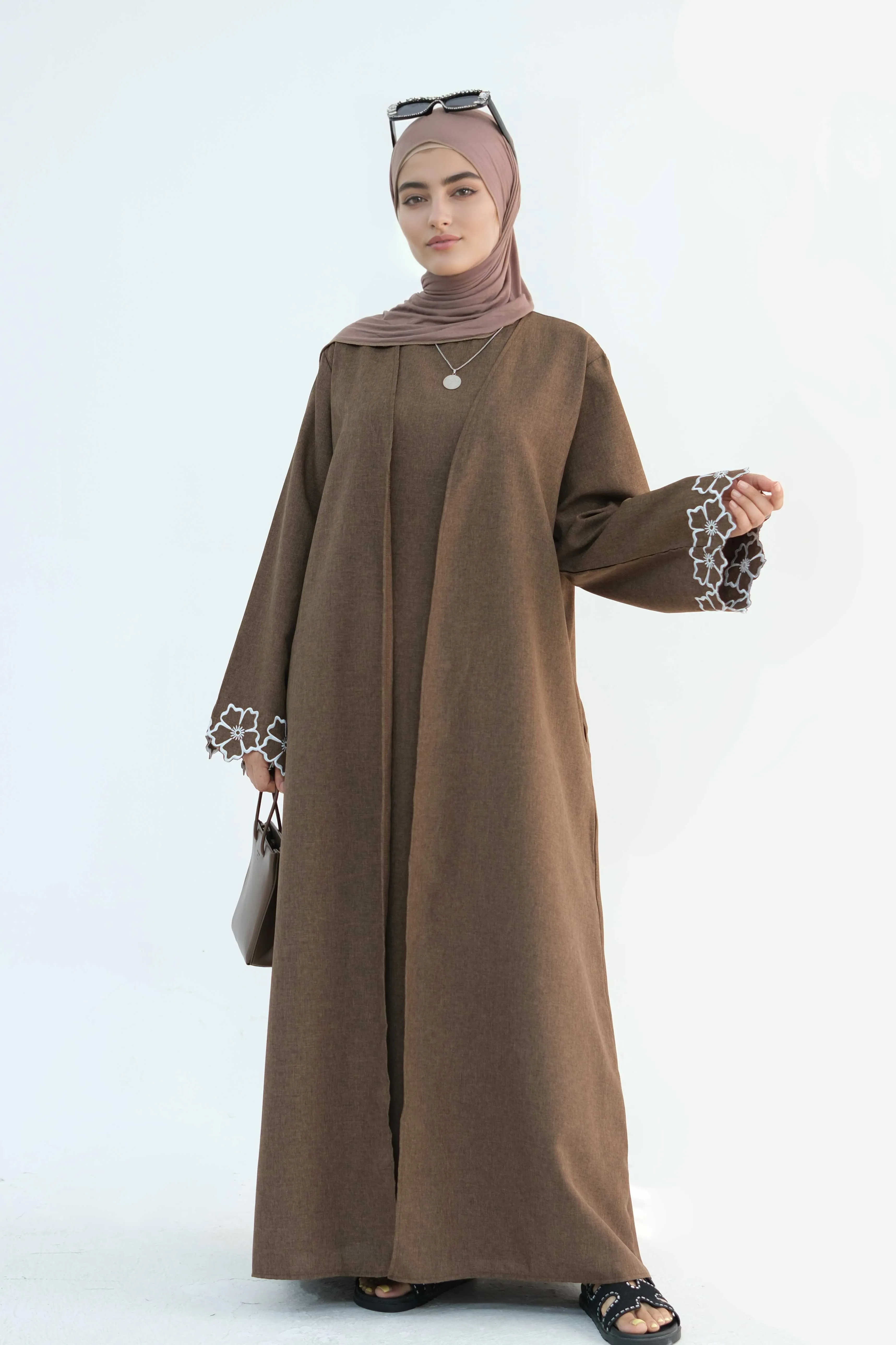 Anam Floral Embroidered Two-Piece Abaya Set 899 900 Coffee