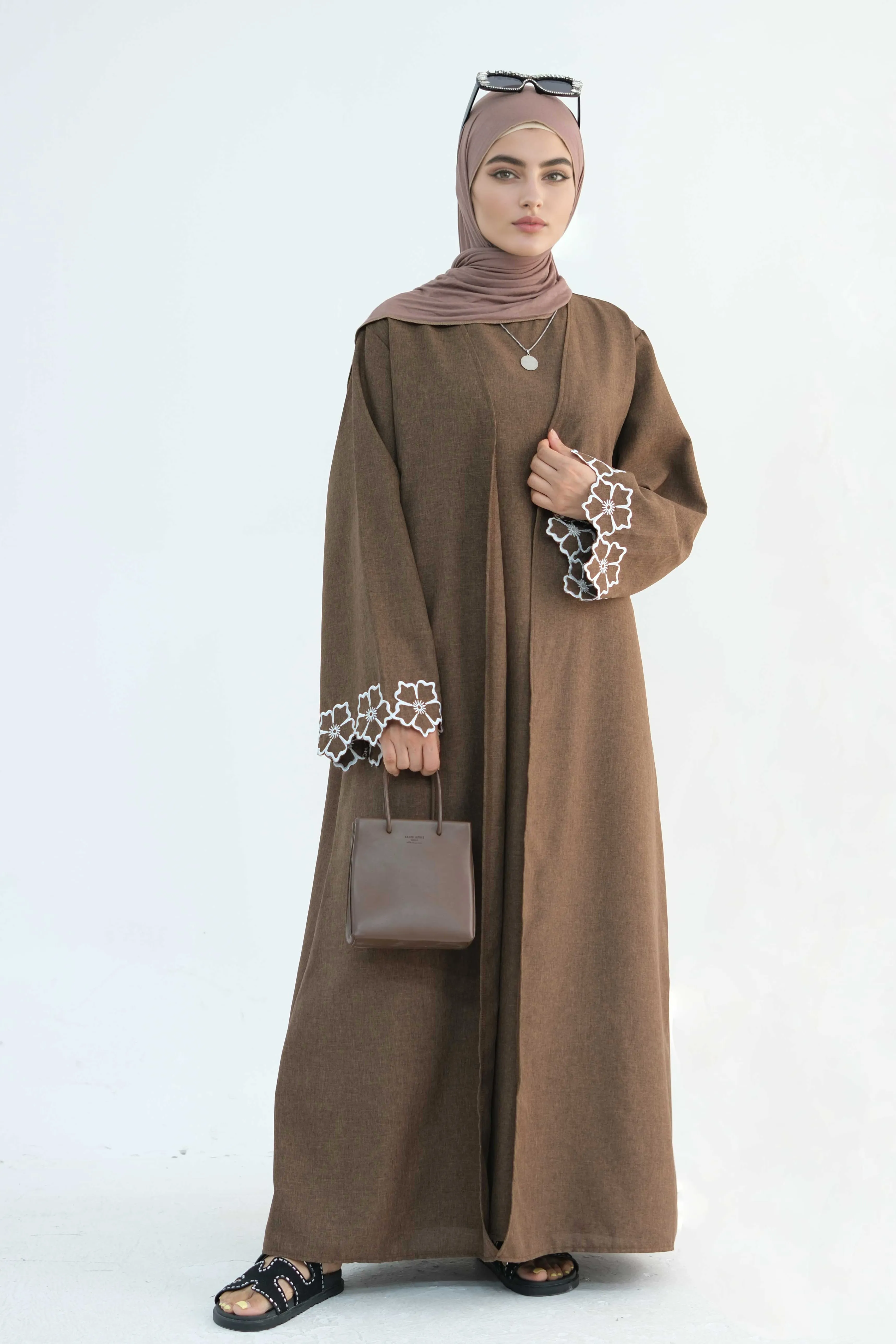 Anam Floral Embroidered Two-Piece Abaya Set 899 900 Coffee