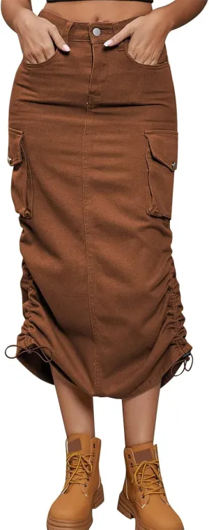 Apparel Short Women's Casual High Waist Cargo Skirt Denim Skirt Comfy Stretch Long Skirt A line A Line Swing Midi