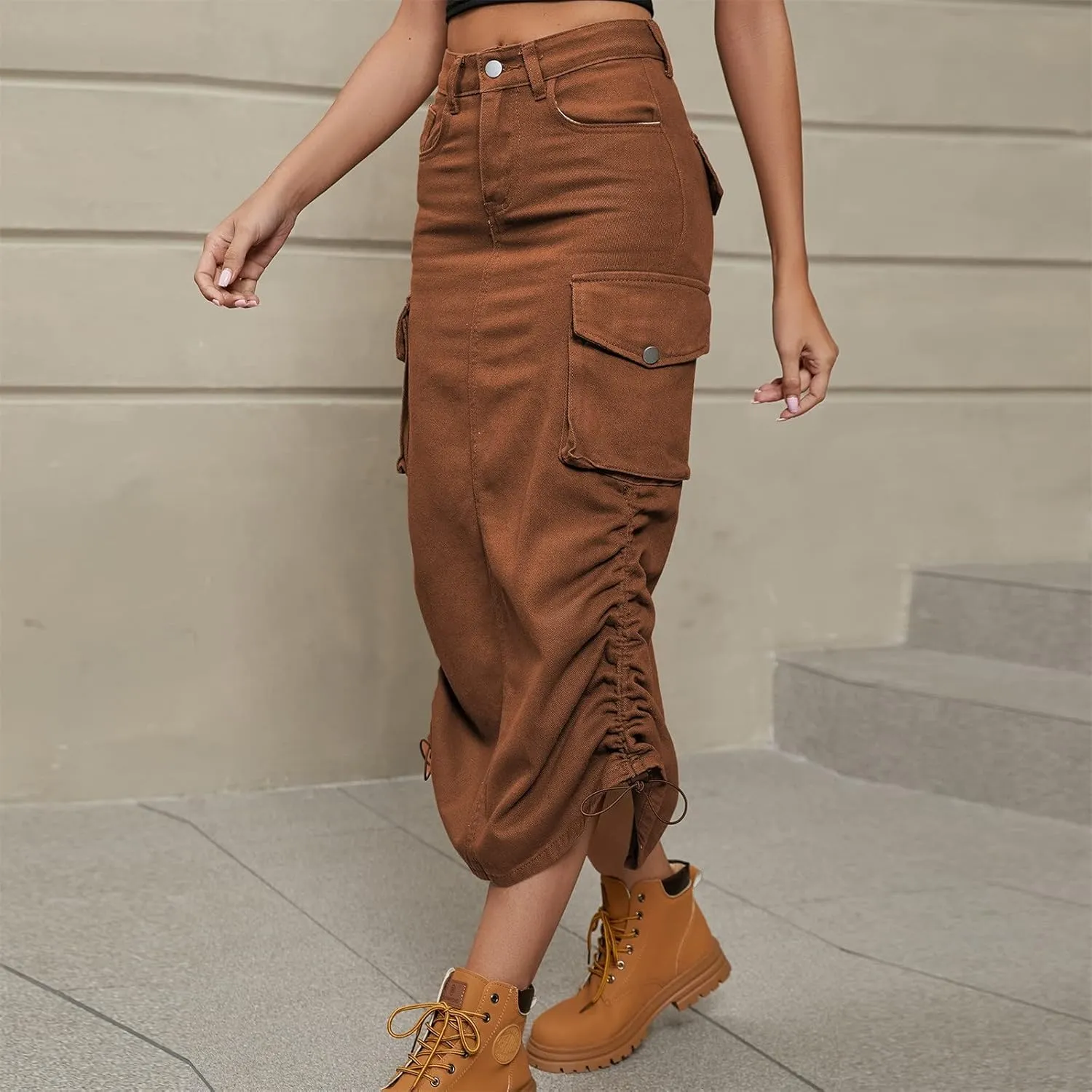 Apparel Short Women's Casual High Waist Cargo Skirt Denim Skirt Comfy Stretch Long Skirt A line A Line Swing Midi