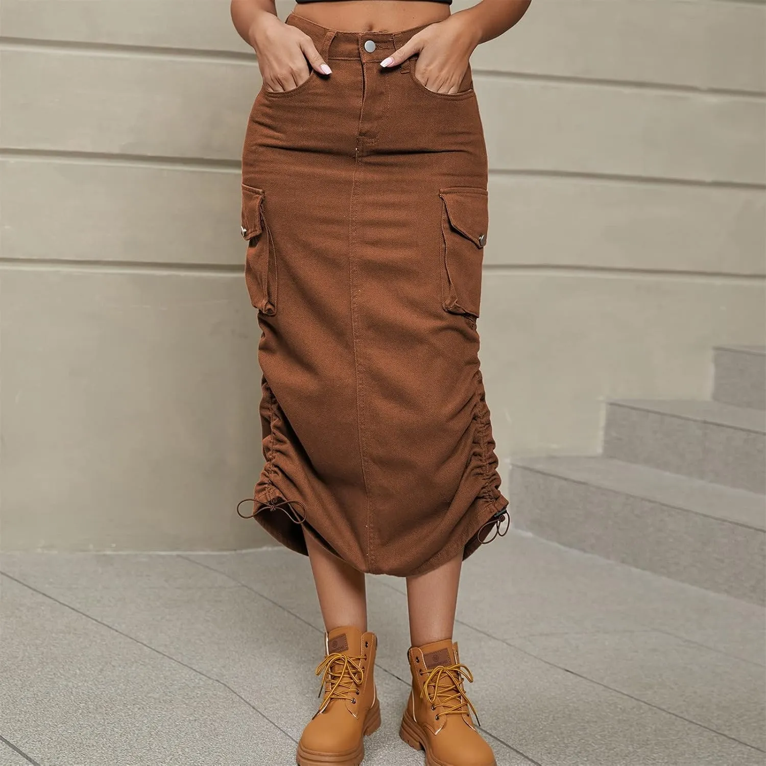Apparel Short Women's Casual High Waist Cargo Skirt Denim Skirt Comfy Stretch Long Skirt A line A Line Swing Midi