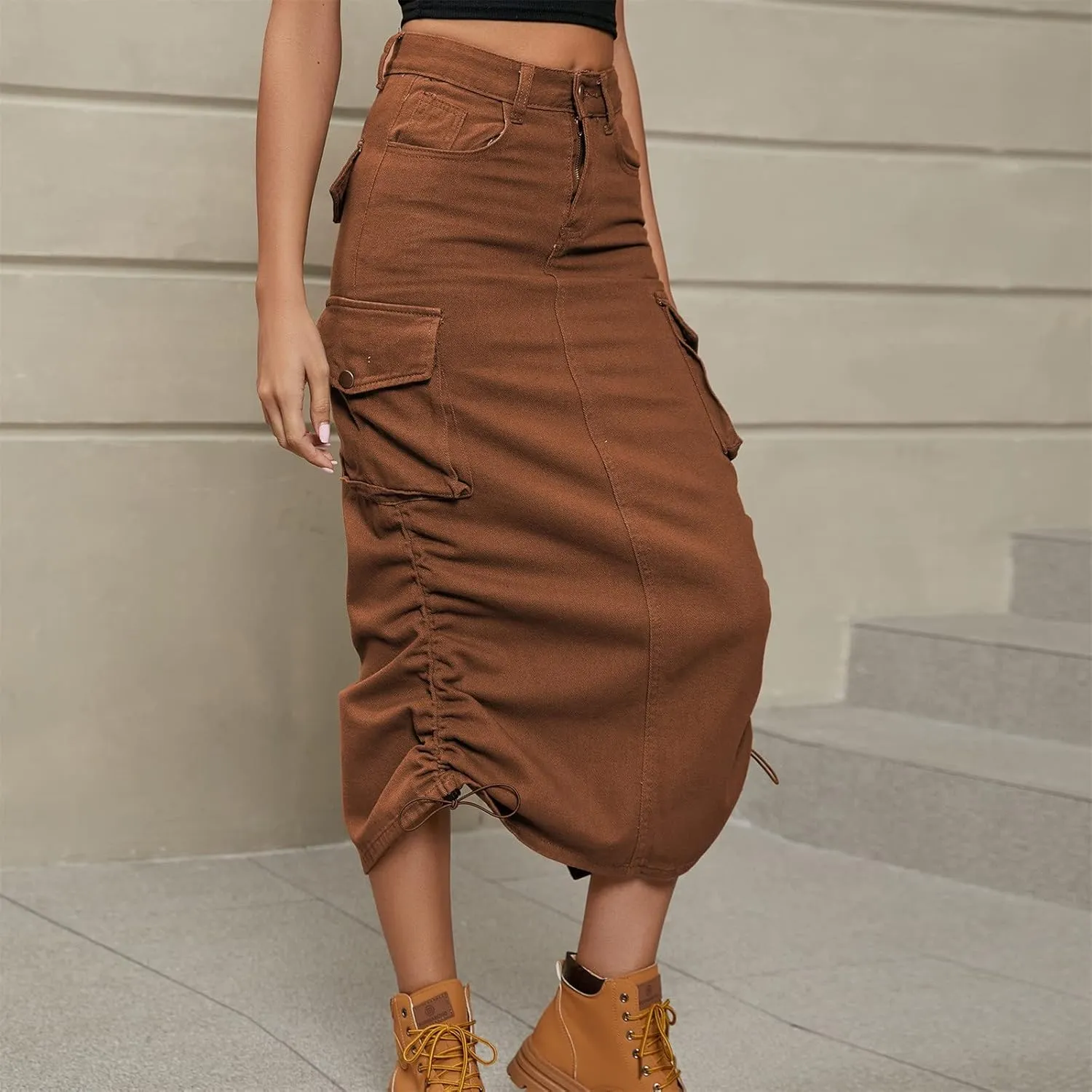 Apparel Short Women's Casual High Waist Cargo Skirt Denim Skirt Comfy Stretch Long Skirt A line A Line Swing Midi