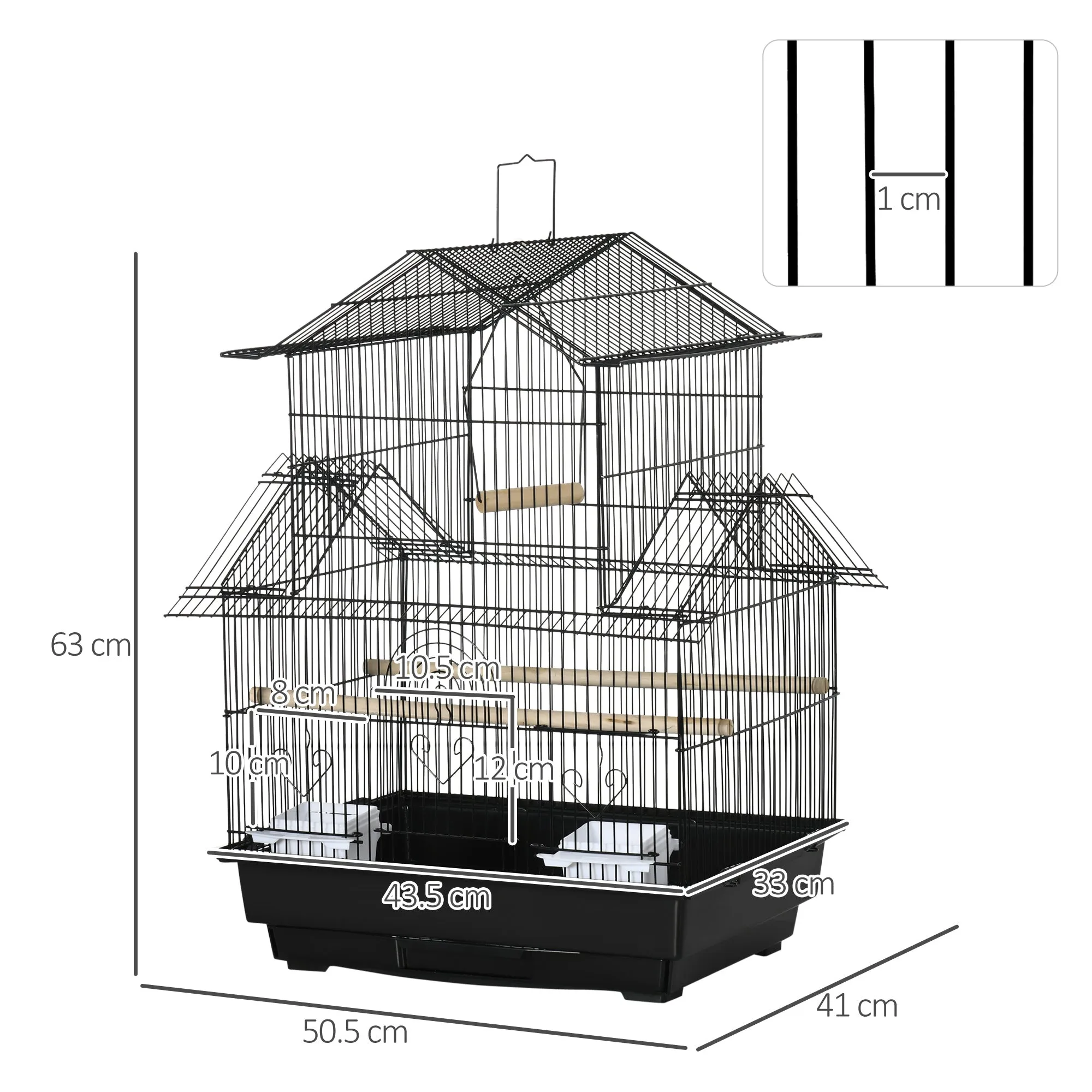 Bird Cage with Carrying Handle and Removable Tray, Metal and Plastic, 50.5x41x63 cm, Black