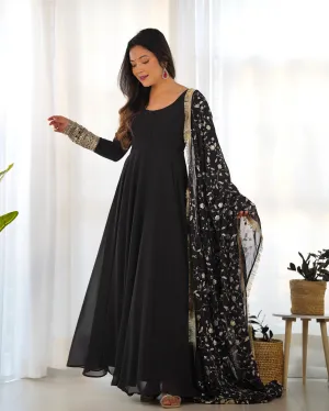 Black Color Georgette Gown With Applique Work Dupatta