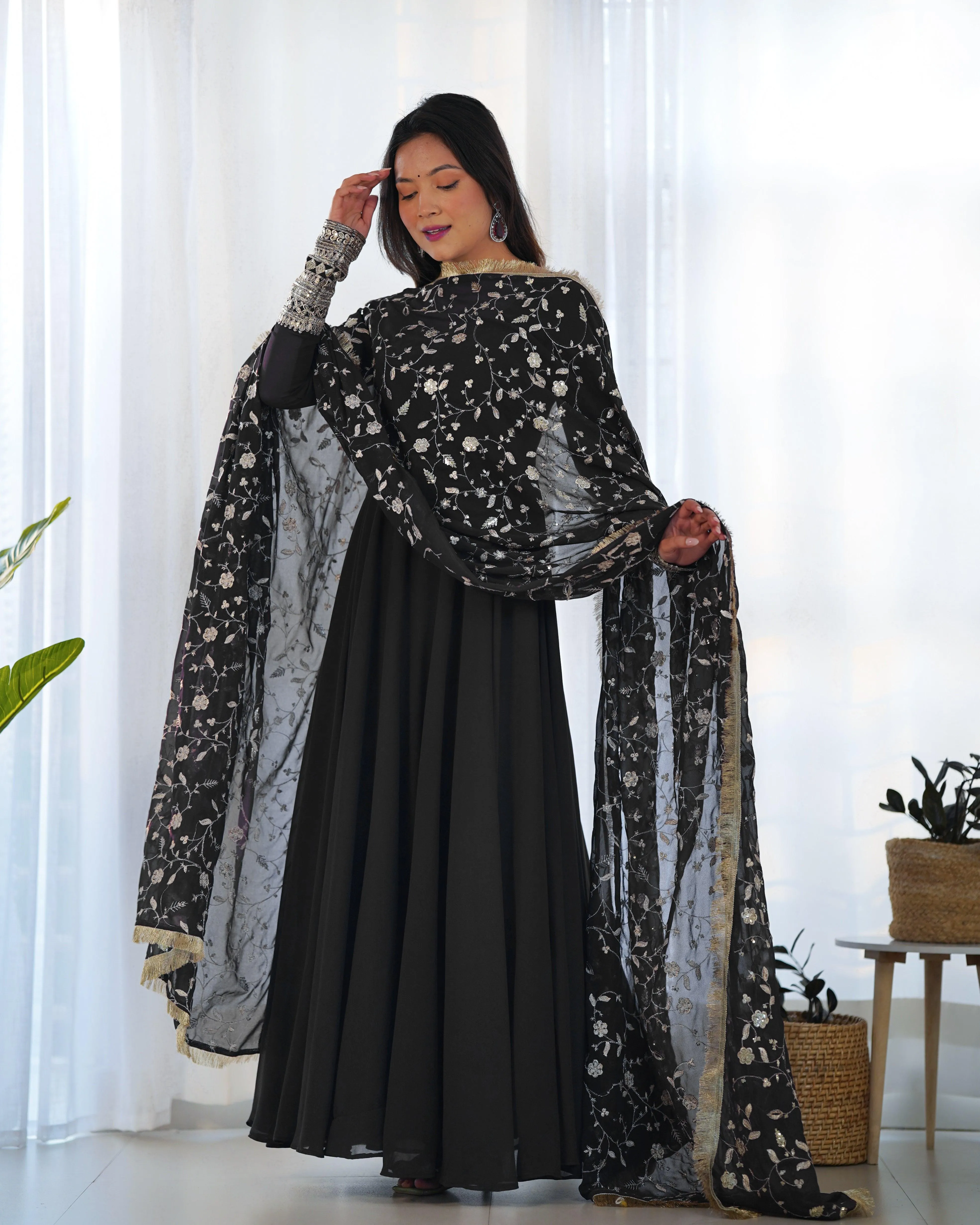 Black Color Georgette Gown With Applique Work Dupatta
