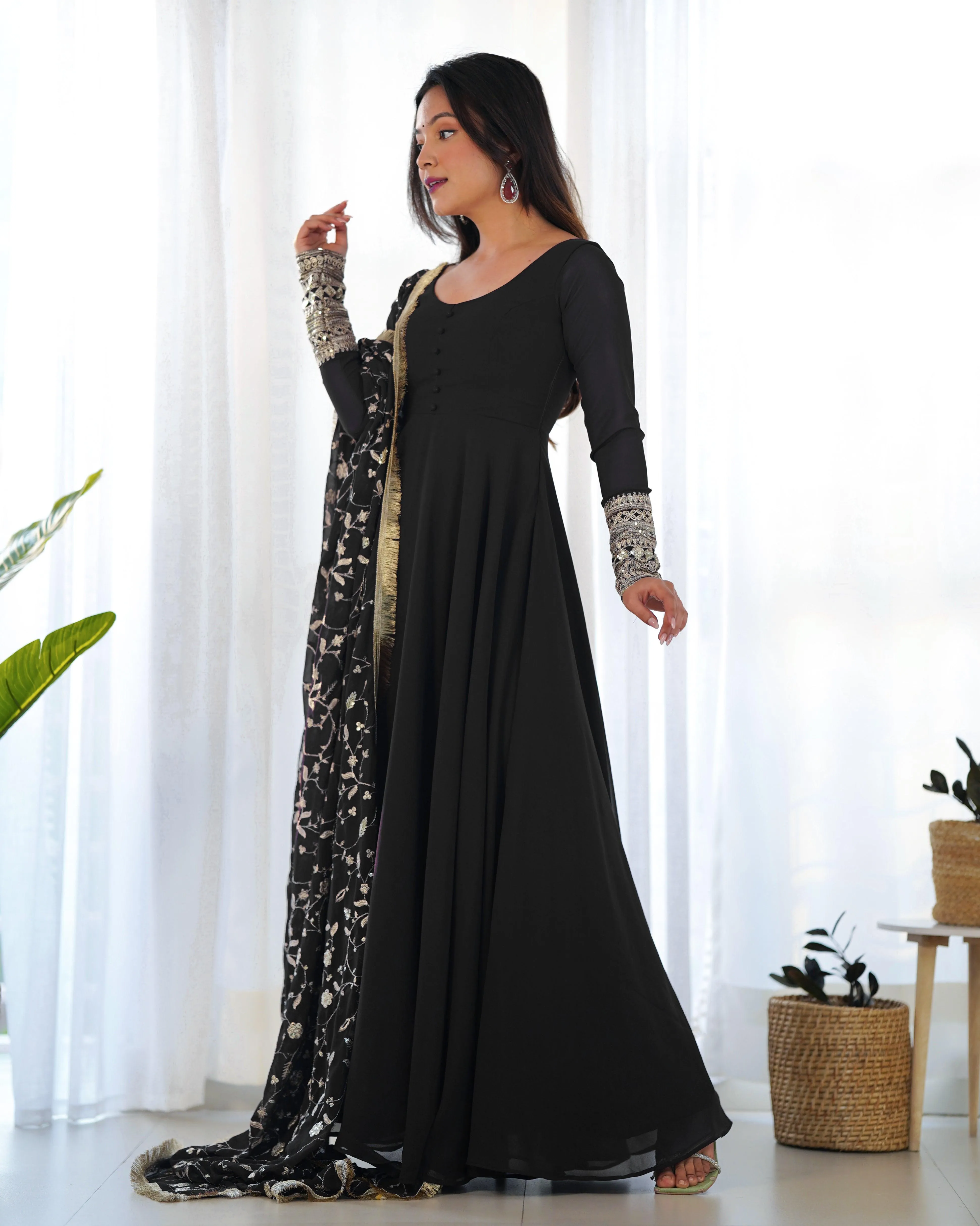 Black Color Georgette Gown With Applique Work Dupatta
