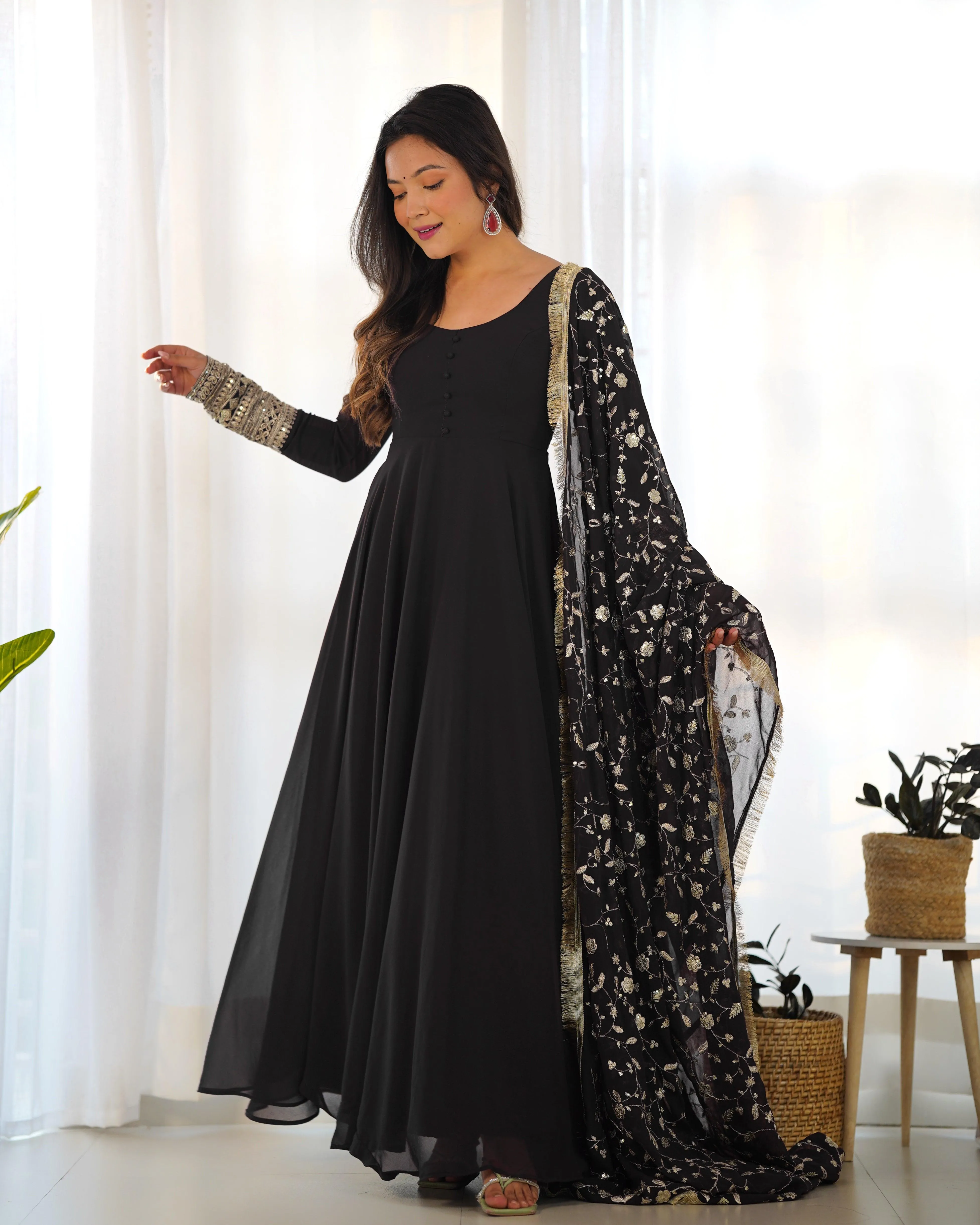 Black Color Georgette Gown With Applique Work Dupatta