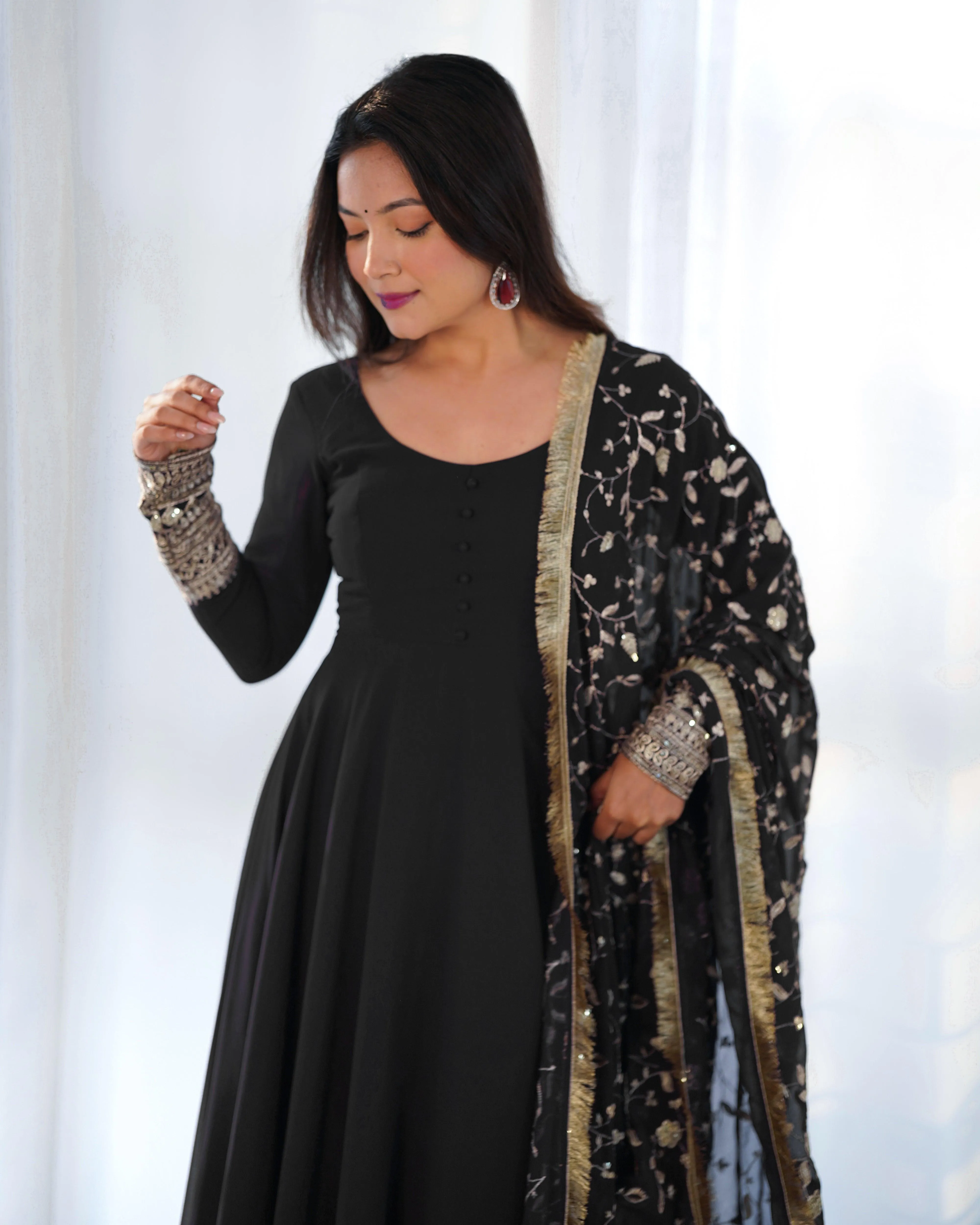 Black Color Georgette Gown With Applique Work Dupatta