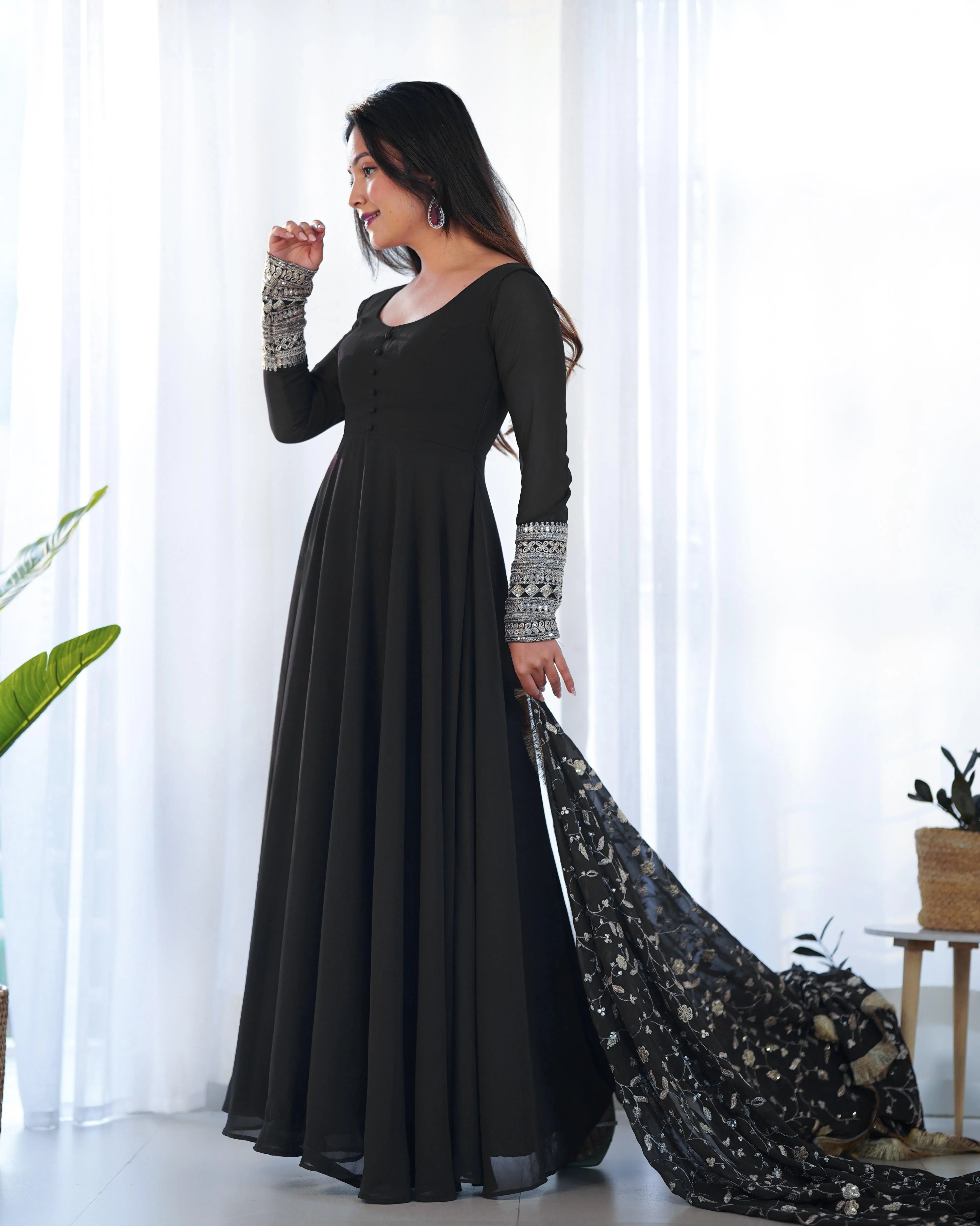 Black Color Georgette Gown With Applique Work Dupatta