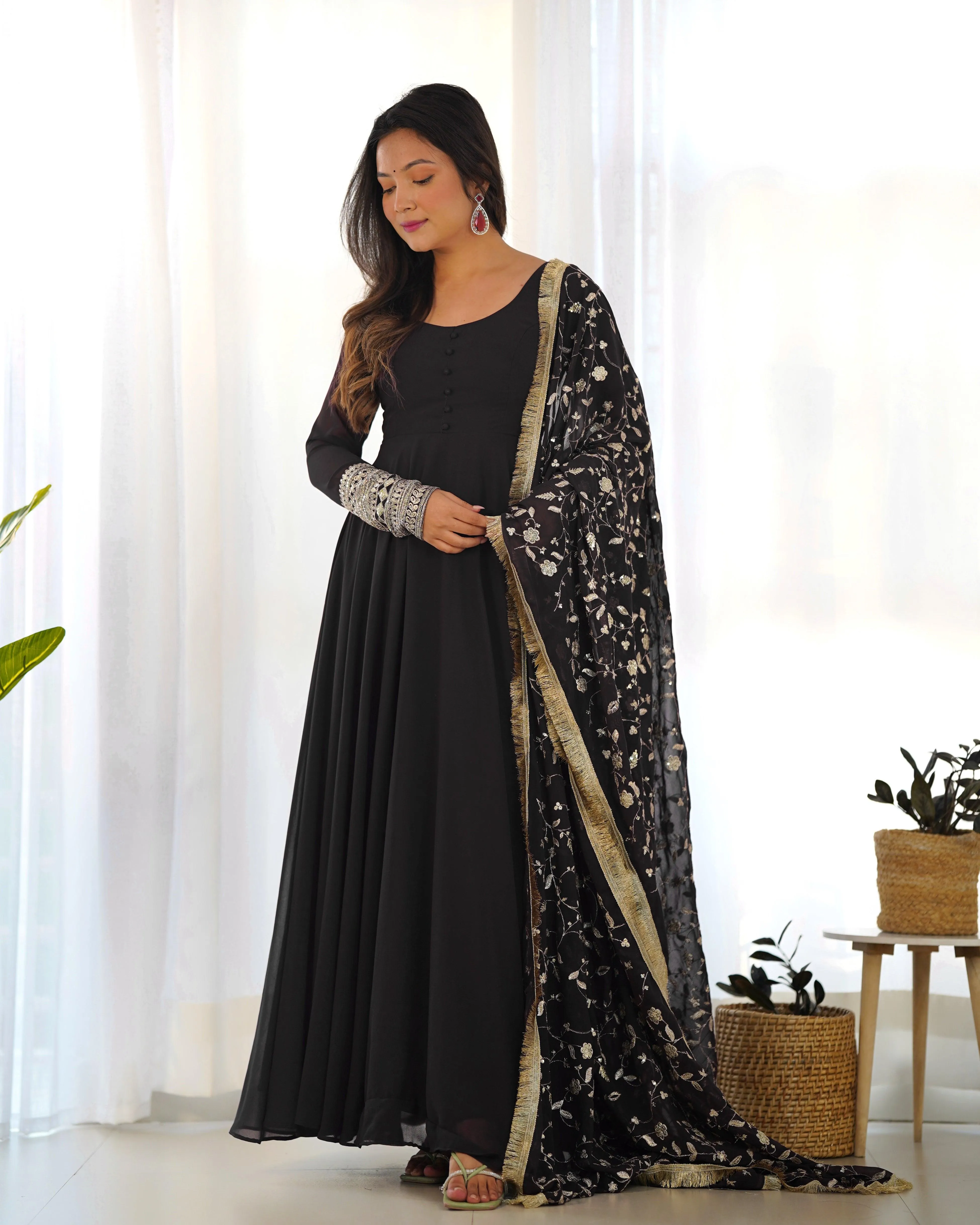 Black Color Georgette Gown With Applique Work Dupatta
