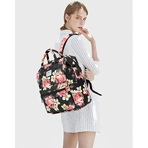 BRINCH Laptop Backpack 15.6 Inch Wide Open Computer Backpack Laptop Bag College Rucksack Water Resistant Business Travel Backpack Multipurpose Daypack with USB Charging Port for Women Girls, Peony