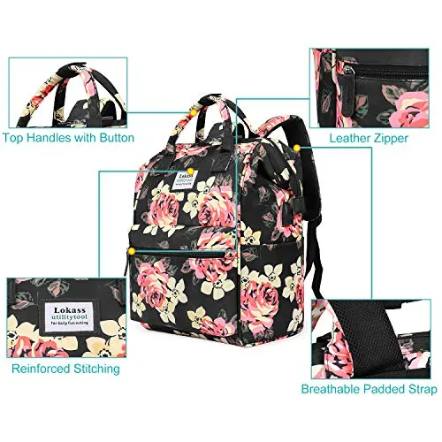 BRINCH Laptop Backpack 15.6 Inch Wide Open Computer Backpack Laptop Bag College Rucksack Water Resistant Business Travel Backpack Multipurpose Daypack with USB Charging Port for Women Girls, Peony