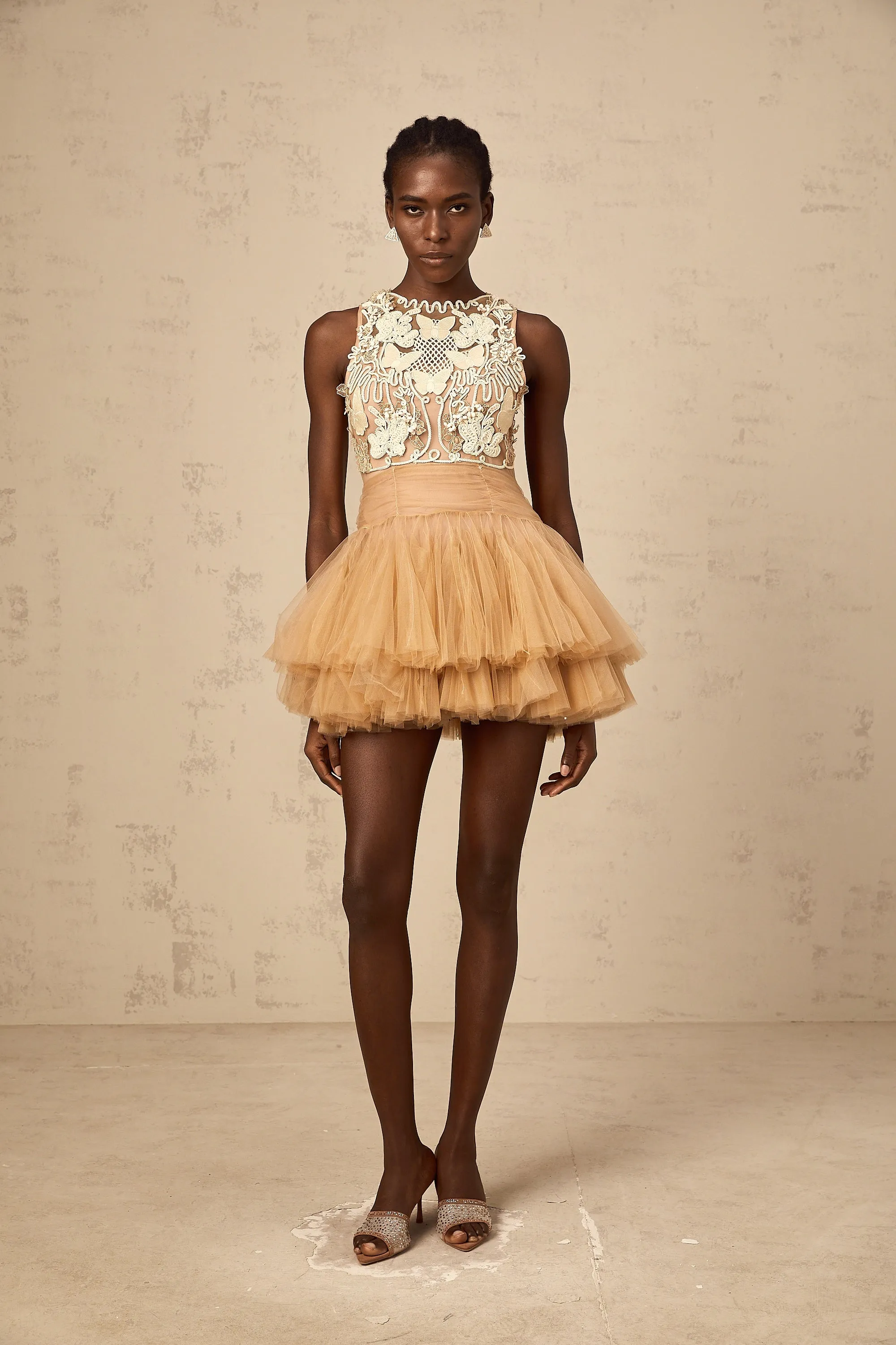 Candice khaki embellished corded-lace-panel tulle mini dress