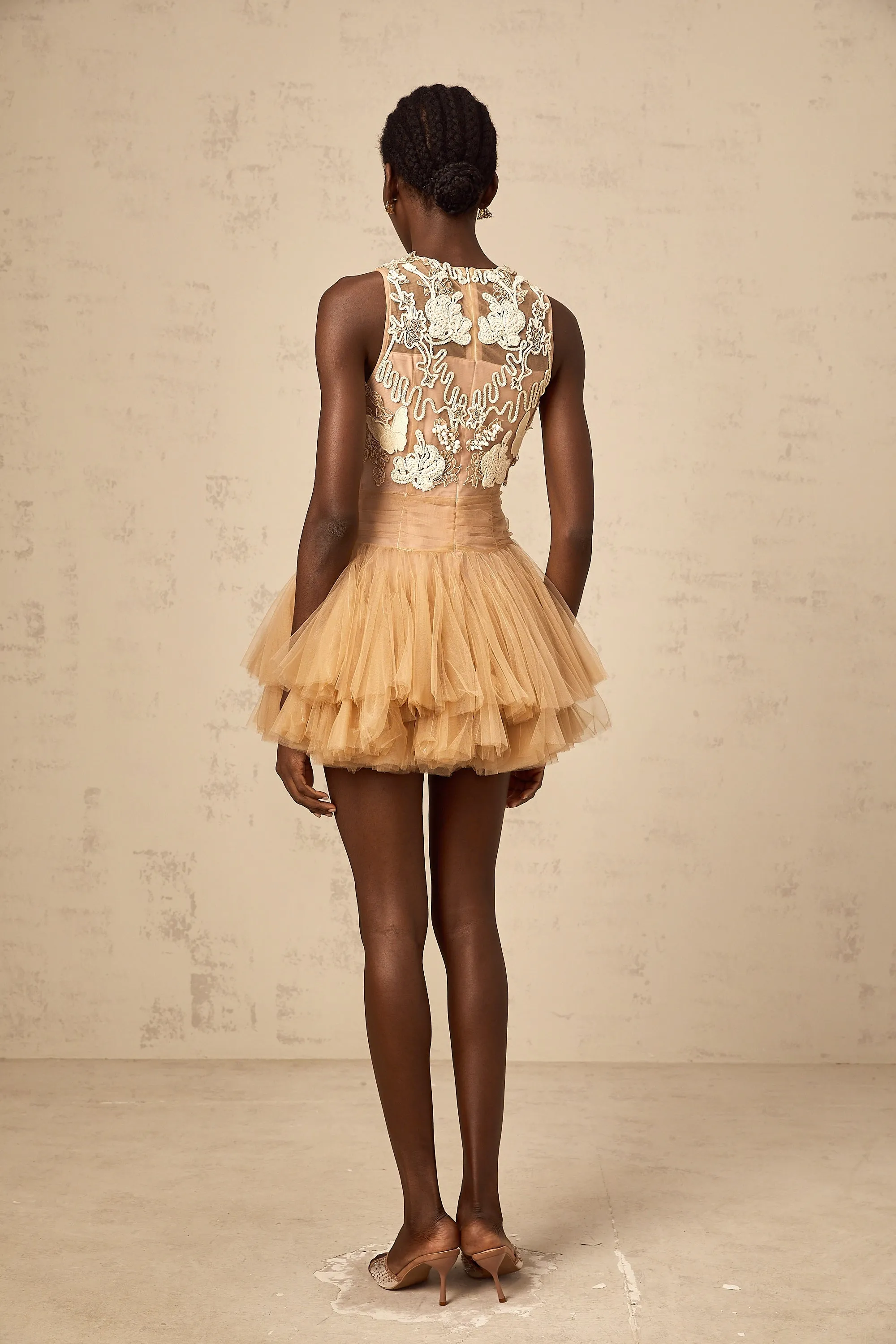 Candice khaki embellished corded-lace-panel tulle mini dress