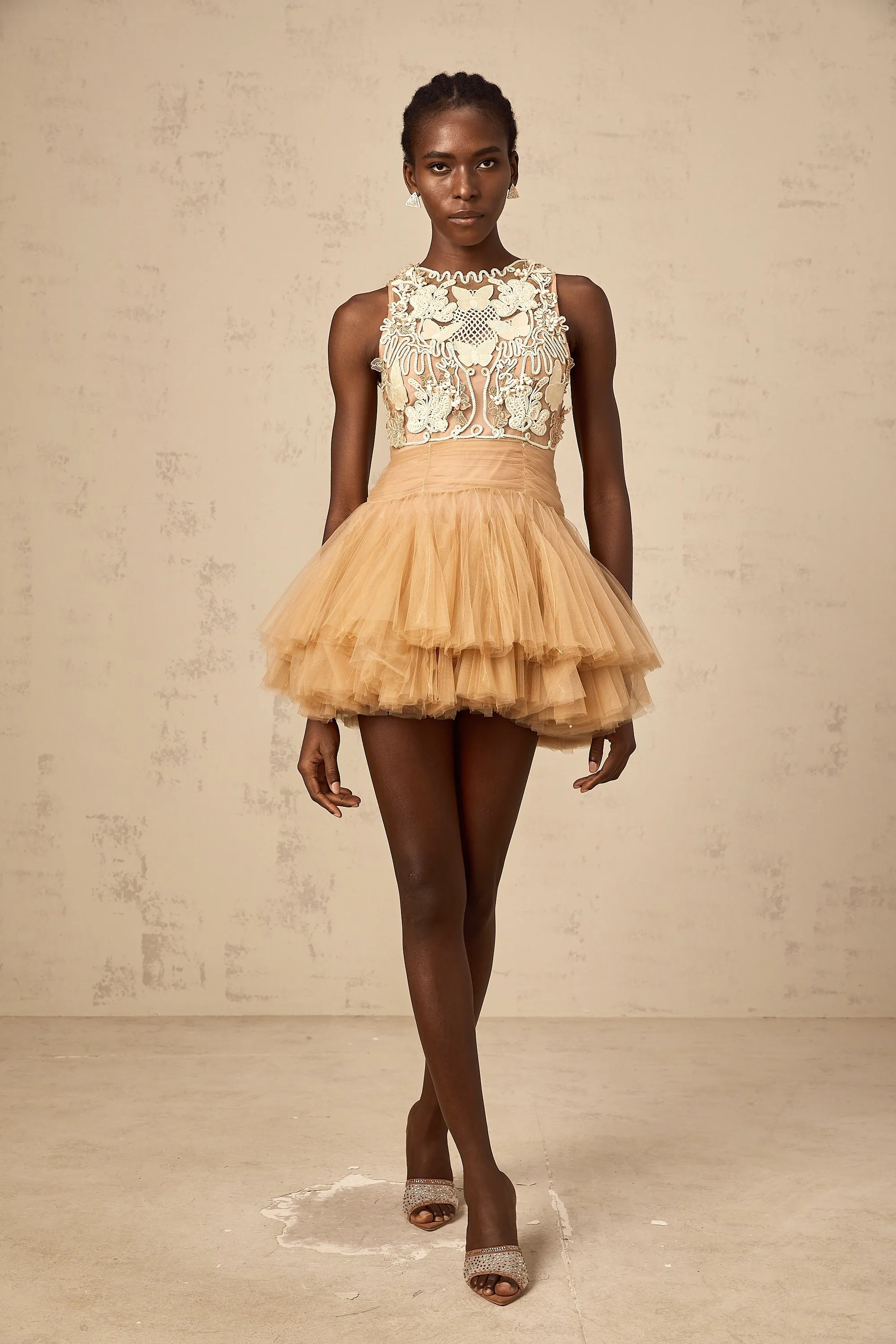 Candice khaki embellished corded-lace-panel tulle mini dress