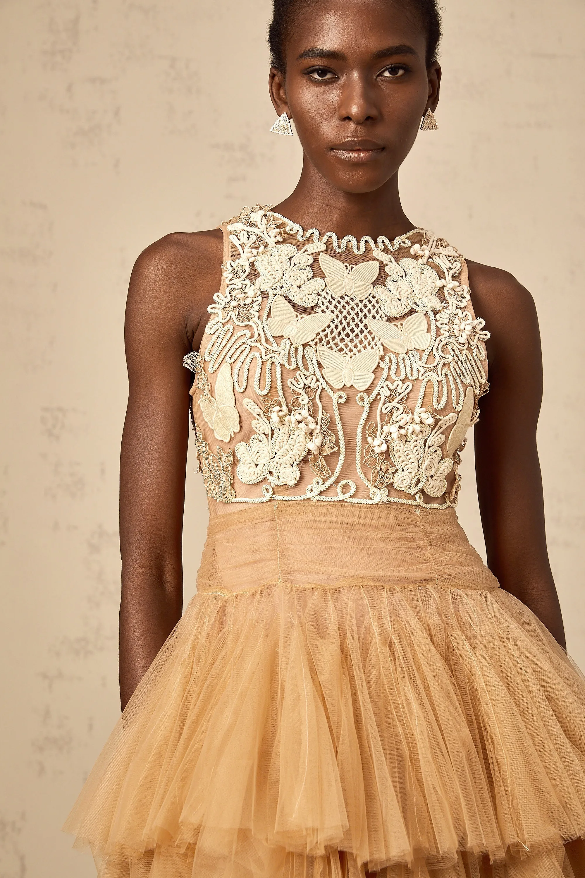 Candice khaki embellished corded-lace-panel tulle mini dress