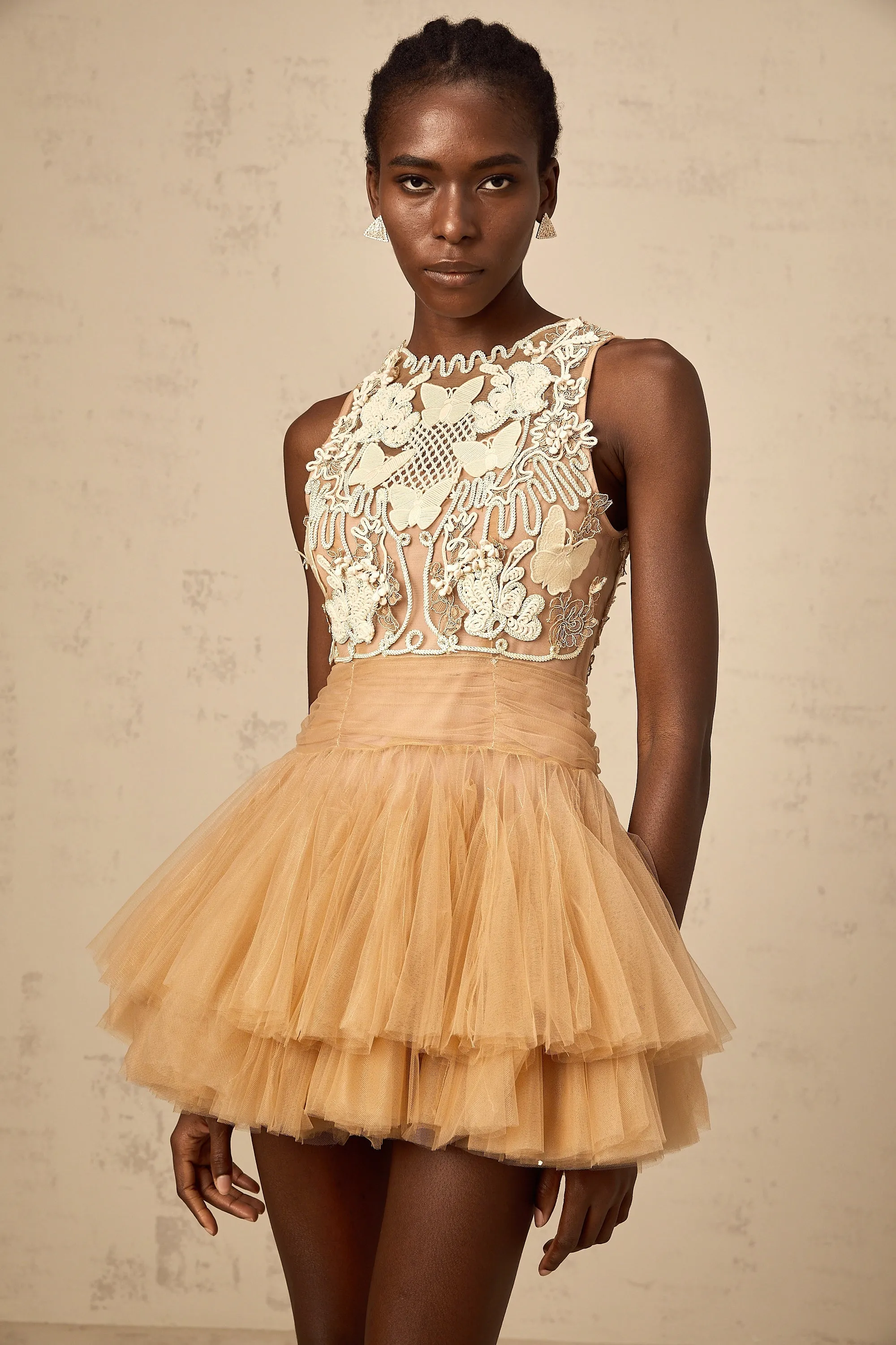 Candice khaki embellished corded-lace-panel tulle mini dress