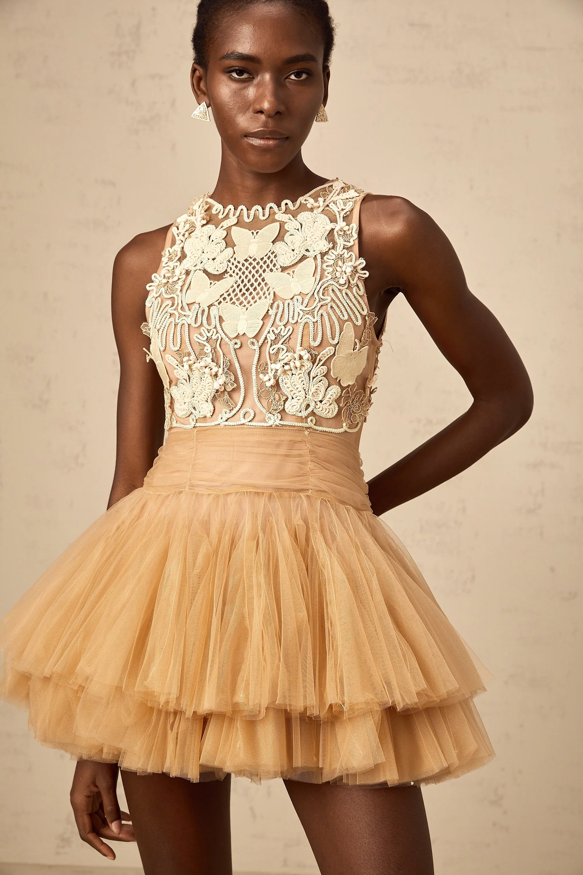 Candice khaki embellished corded-lace-panel tulle mini dress