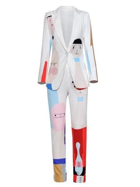 Cartoon Print One Button Women's Pants Suit