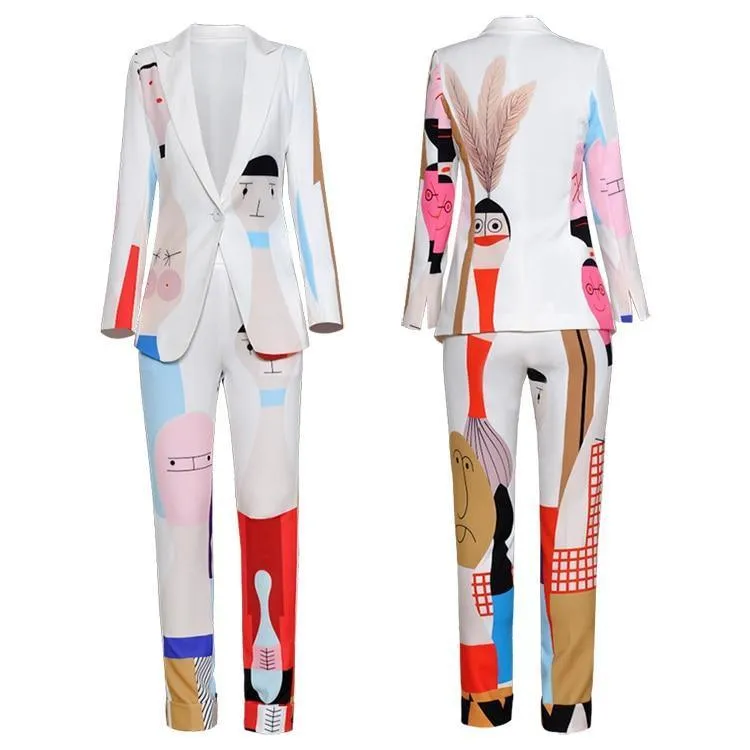 Cartoon Print One Button Women's Pants Suit