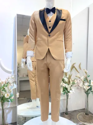 CHAMPAGNE 3 - Champagne 3-Piece Wedding Suit Brown with Black Peak lapel