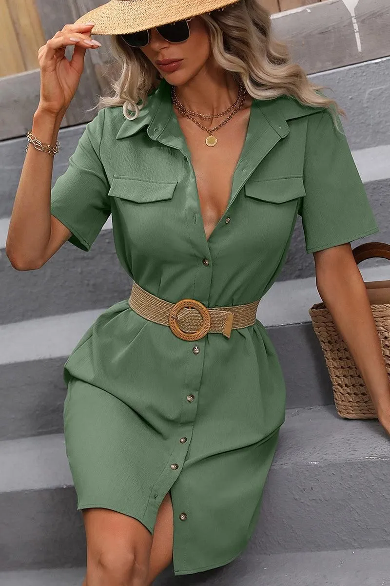 COLLAR NECK TIED WAIST SHORT SLEEVE DRESS SHIRTS
