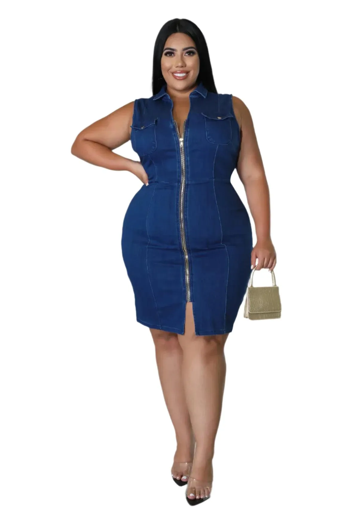 Comfortable Fit Elegant Plus Size Sleeveless Zipper Denim Dress for Women