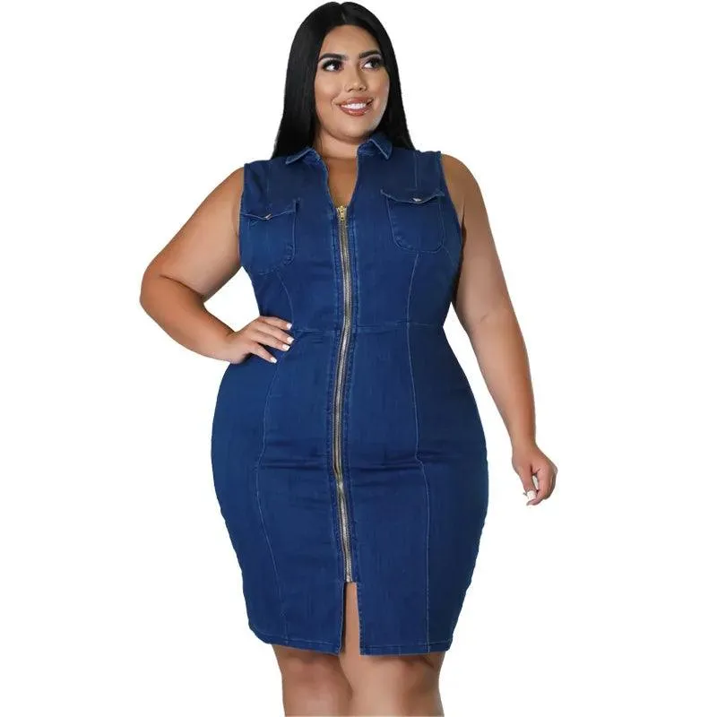 Comfortable Fit Elegant Plus Size Sleeveless Zipper Denim Dress for Women