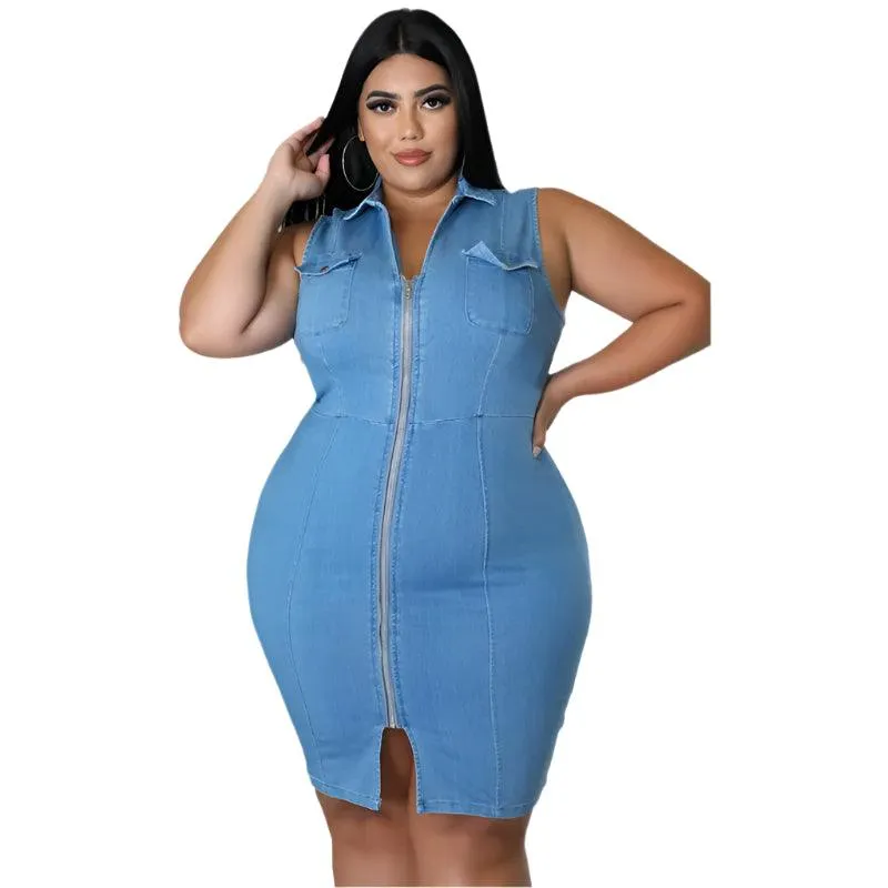 Comfortable Fit Elegant Plus Size Sleeveless Zipper Denim Dress for Women