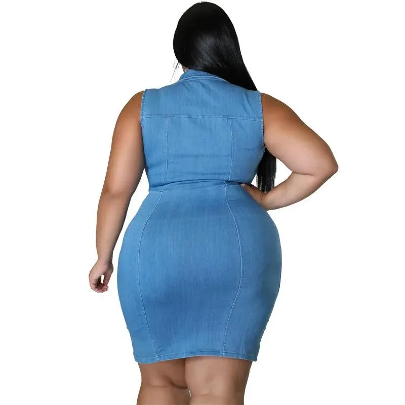 Comfortable Fit Elegant Plus Size Sleeveless Zipper Denim Dress for Women