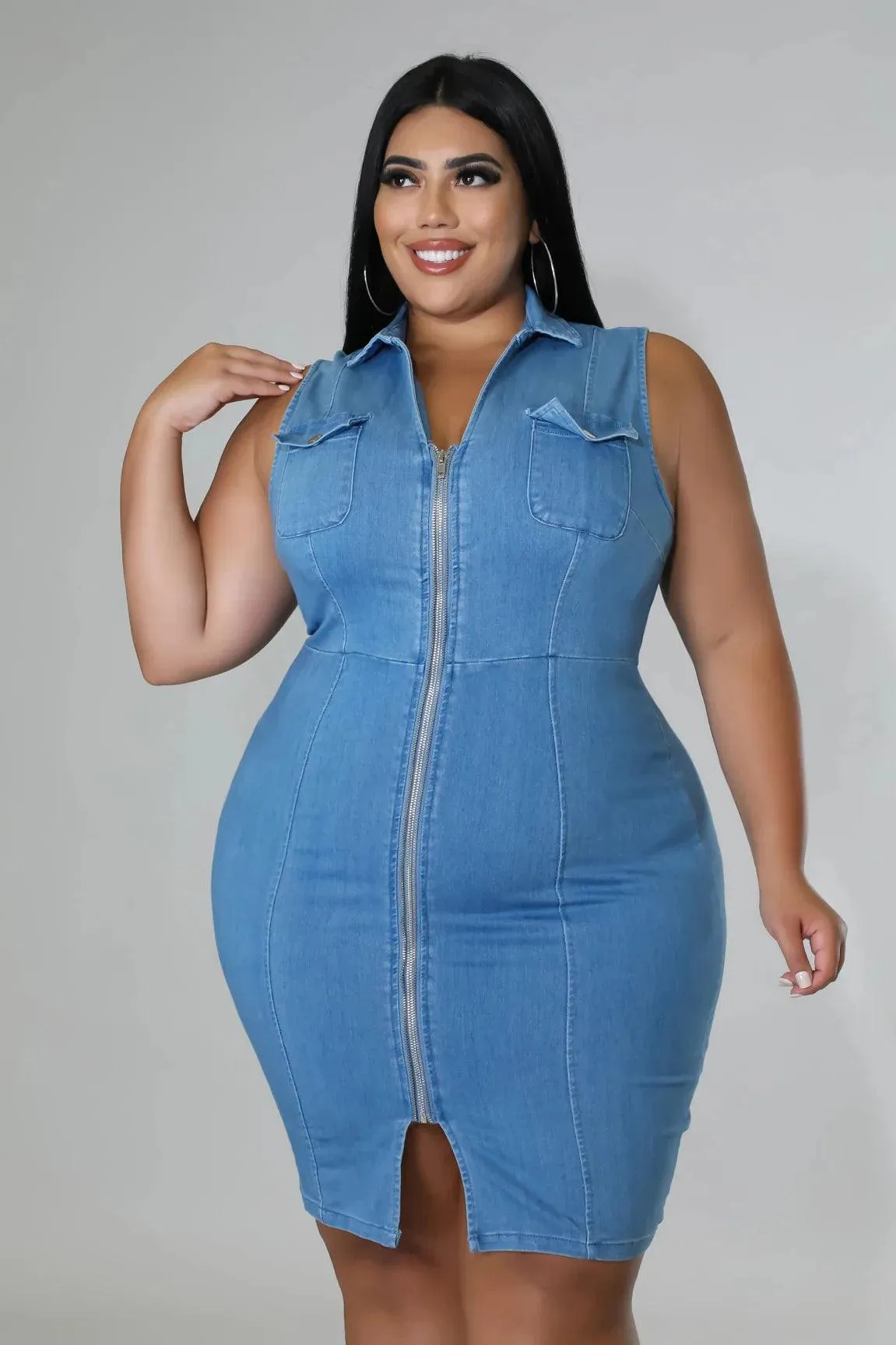 Comfortable Fit Elegant Plus Size Sleeveless Zipper Denim Dress for Women