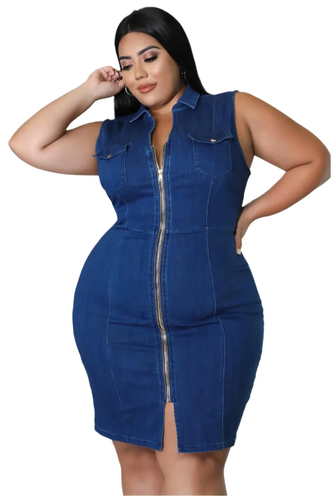 Comfortable Fit Elegant Plus Size Sleeveless Zipper Denim Dress for Women