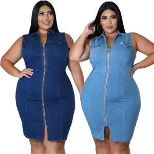 Comfortable Fit Elegant Plus Size Sleeveless Zipper Denim Dress for Women