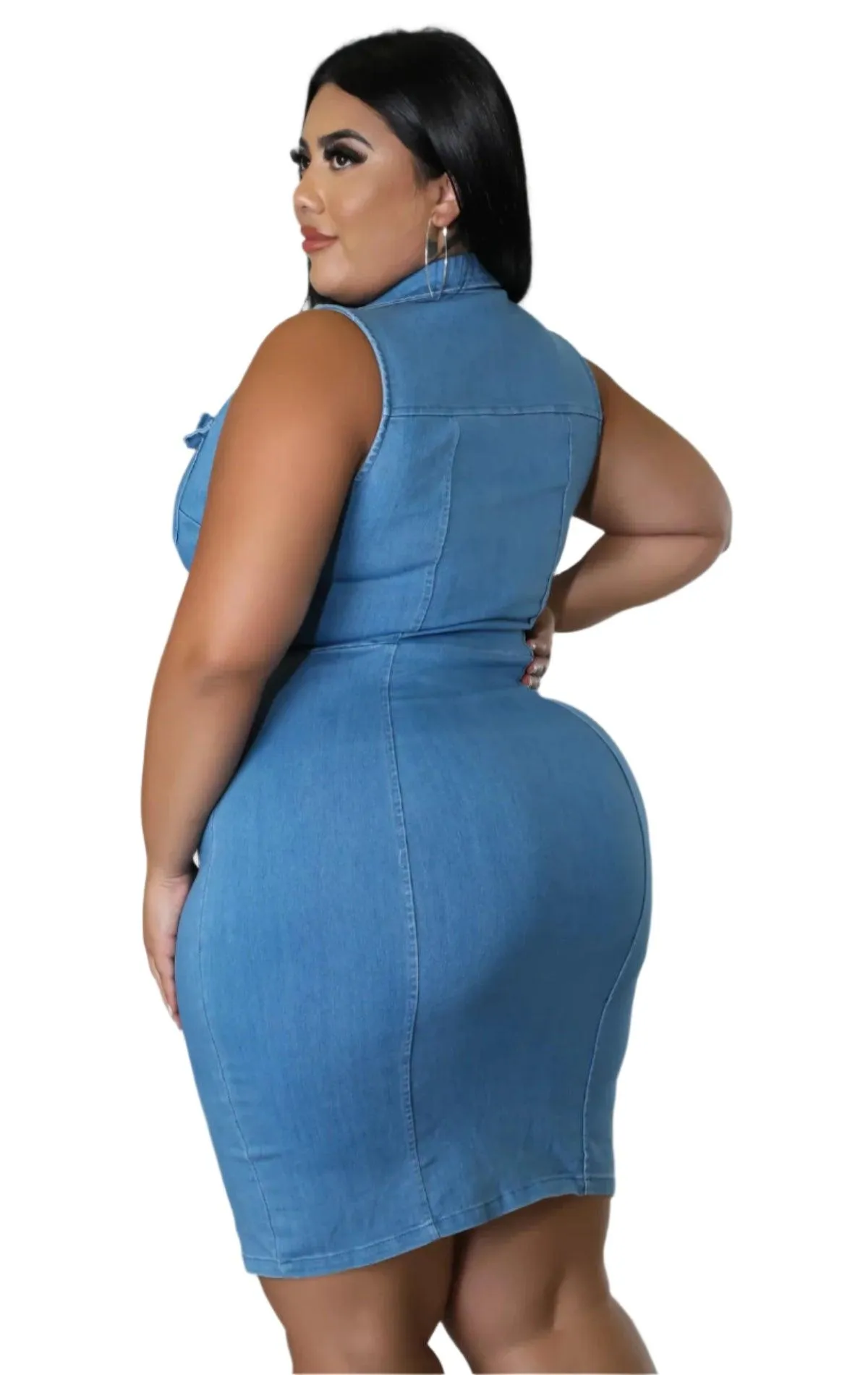 Comfortable Fit Elegant Plus Size Sleeveless Zipper Denim Dress for Women